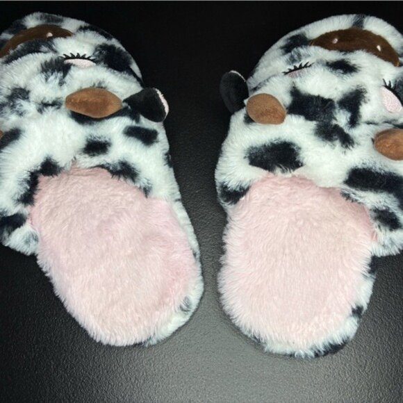 Wonder Nation Cozy Cow Plushie Slippers Black White Pink Holstein 3D Ears Horns - Picture 3 of 7
